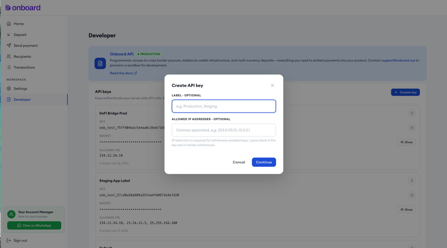 Create API key modal in the Onboard Business Dashboard, showing the optional label and allowed IP addresses fields