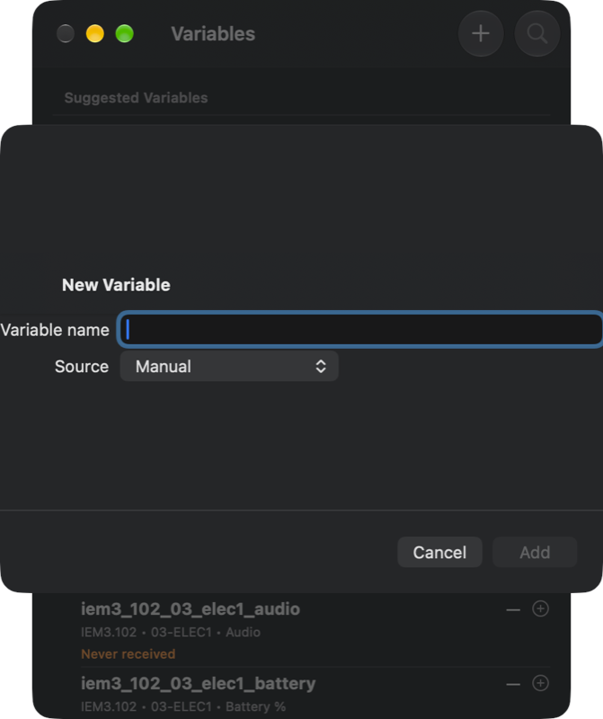 New Variable sheet with a Variable name field and a Source menu set to Manual