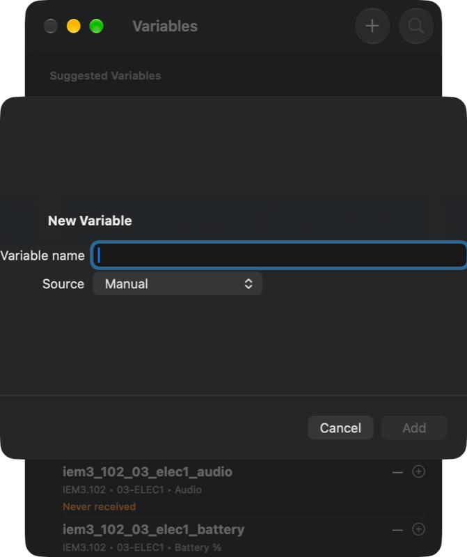 New Variable sheet with a Variable name field and a Source menu set to Manual