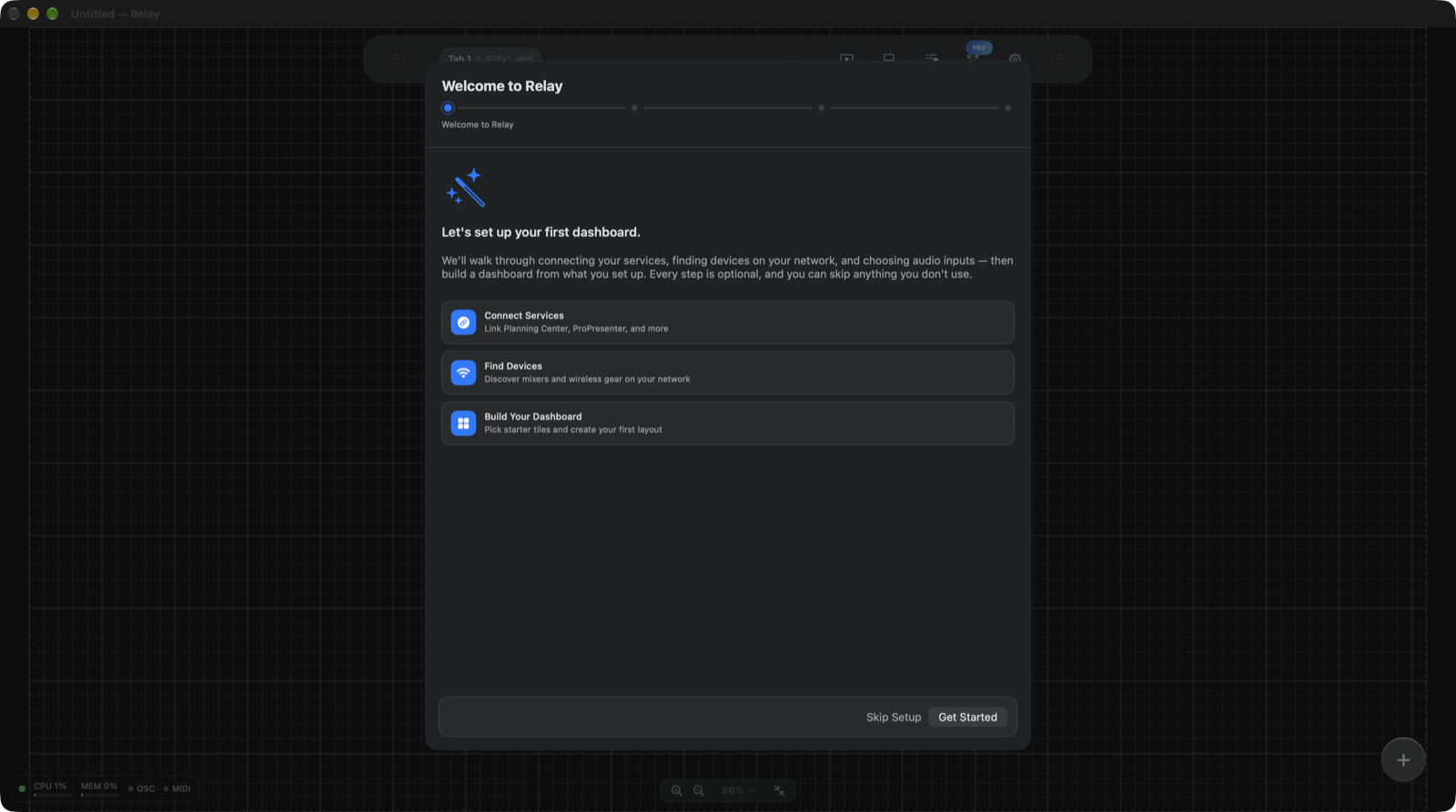 Setup Wizard welcome screen listing Connect Services, Find Devices, and Build Your Dashboard
