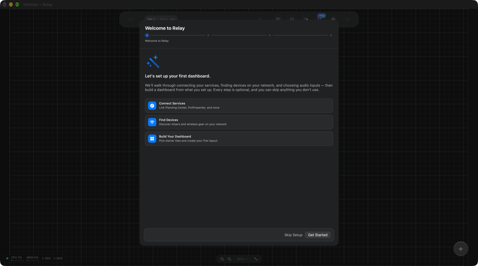 Setup Wizard welcome screen listing Connect Services, Find Devices, and Build Your Dashboard