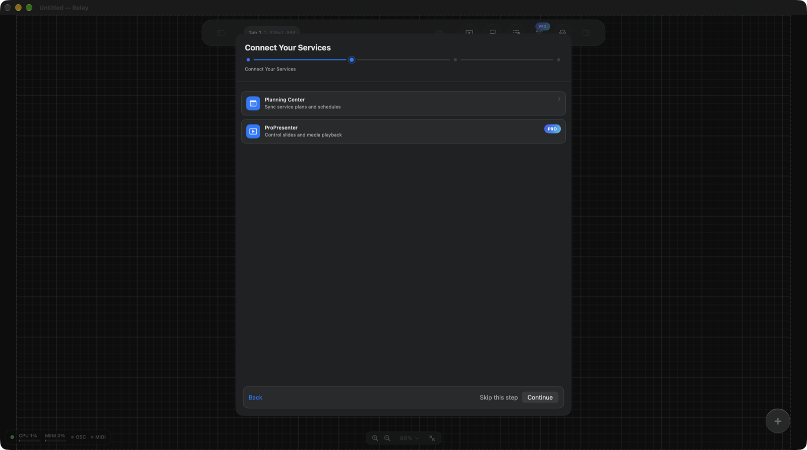 Connect Your Services step showing Planning Center and ProPresenter