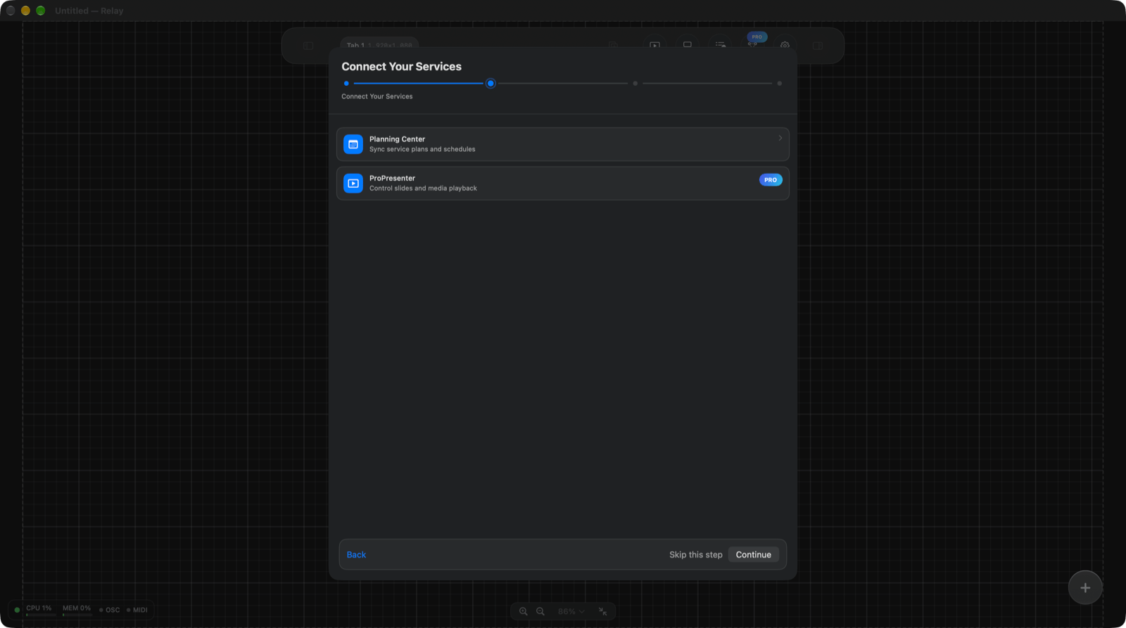 Connect Your Services step showing Planning Center and ProPresenter