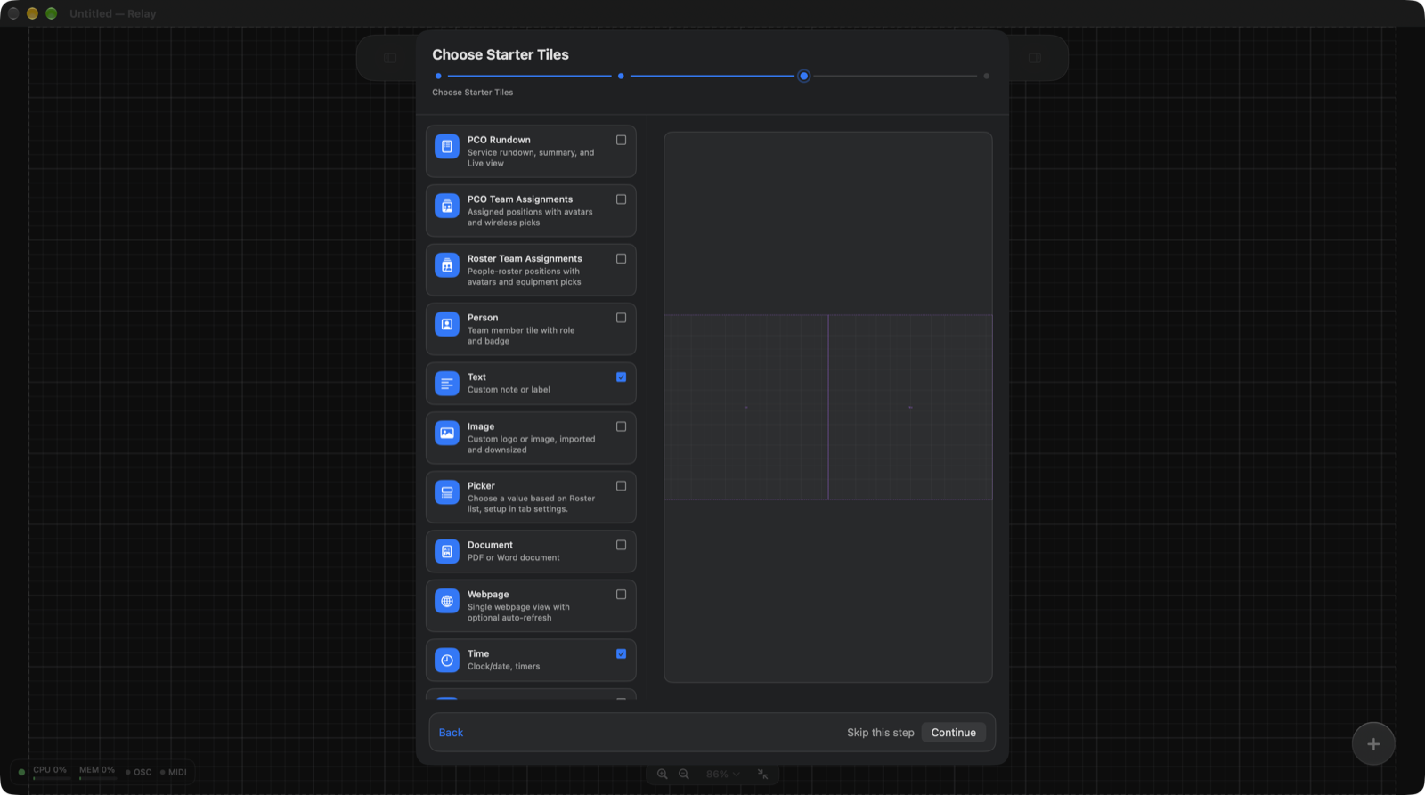 Choose Starter Tiles step with Text and Time selected and a layout preview