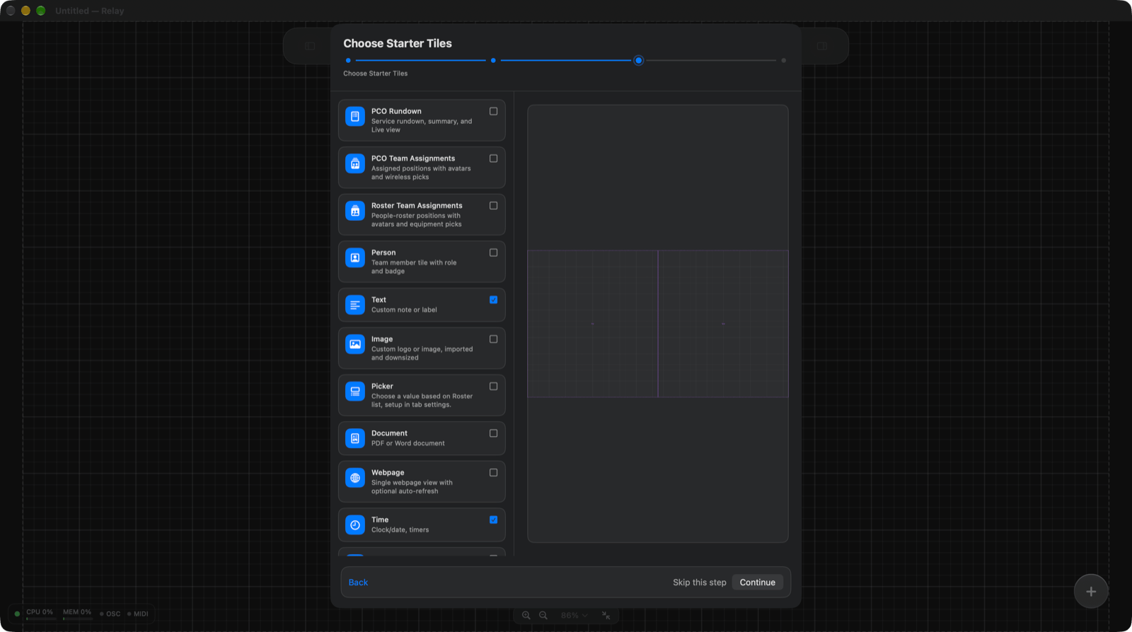 Choose Starter Tiles step with Text and Time selected and a layout preview