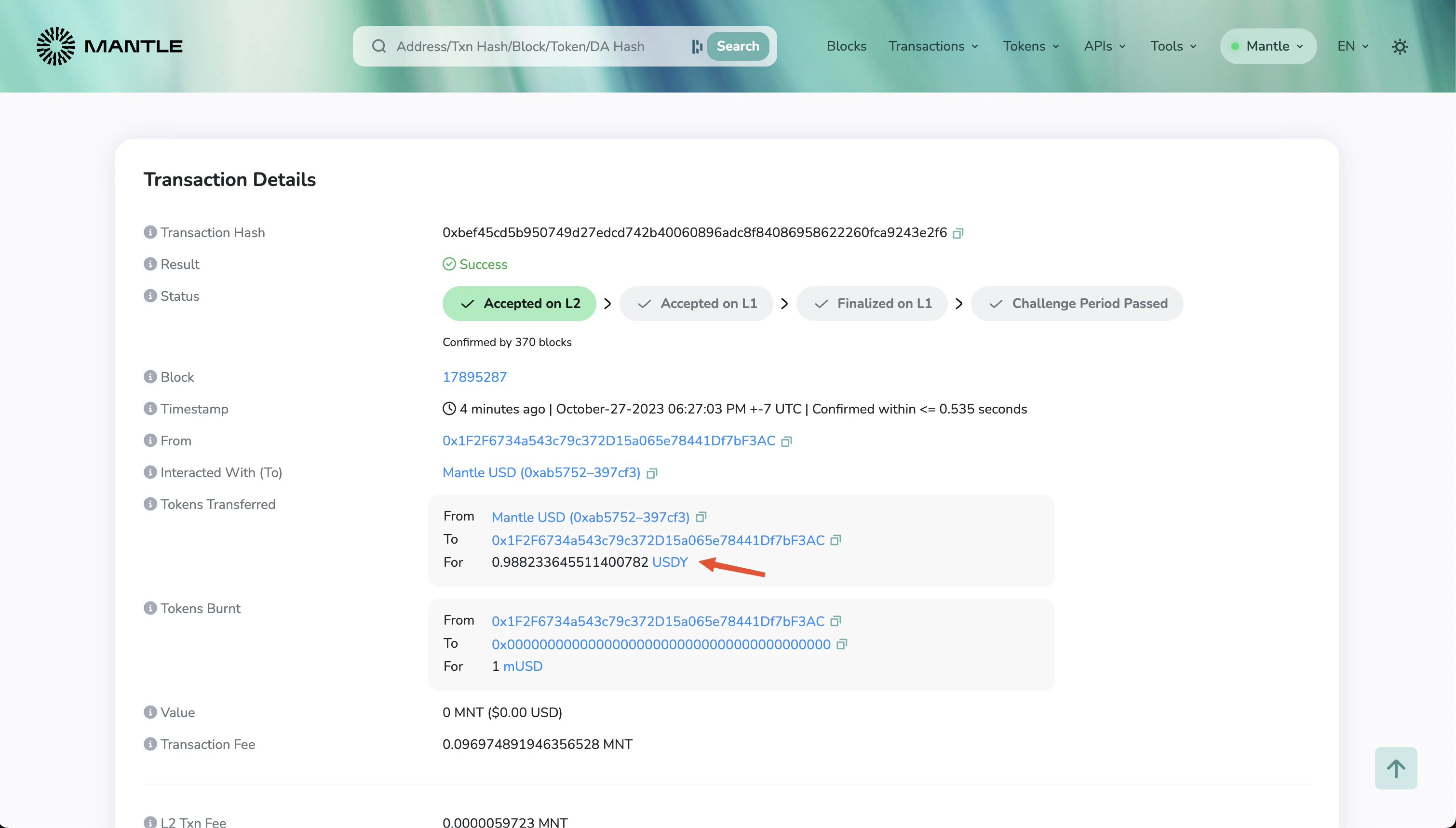 Clicking on the transaction link shows you the amount of USDY that you received in your wallet. In this example, 1 mUSD got converted to 0.9882 USDY