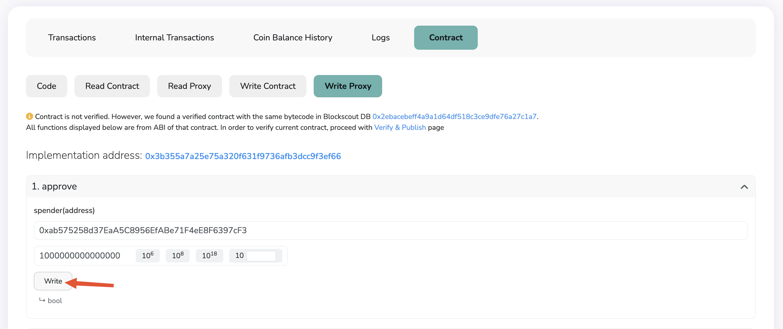 Click on Write. You will be prompted to connect your wallet, and sign a transaction.