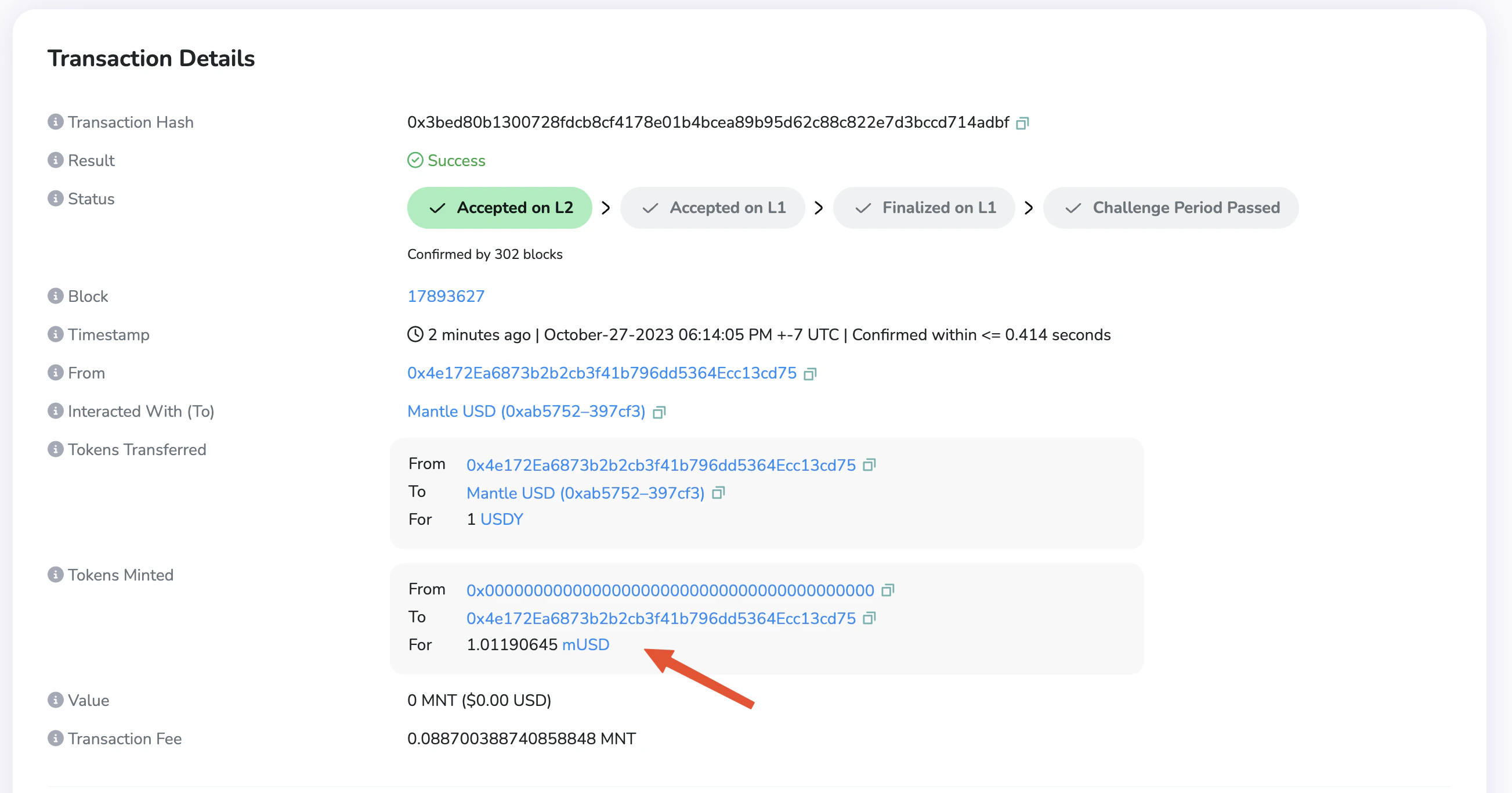 After confirming in your wallet, you can open the transaction hash in the explorer, and observe the amount of mUSD you received