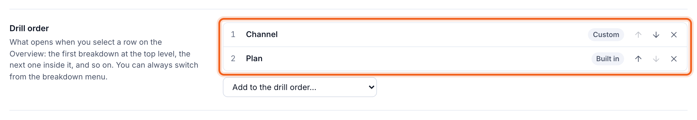The Drill order list with its move controls outlined