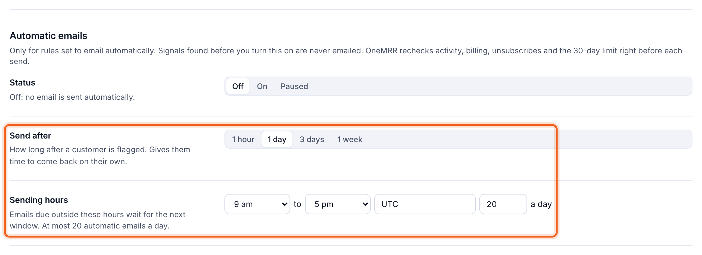 Automatic emails settings with Send after and Sending hours outlined