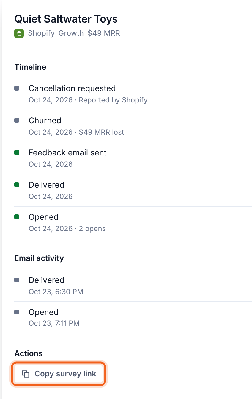 A cancellation's details with Copy survey link outlined