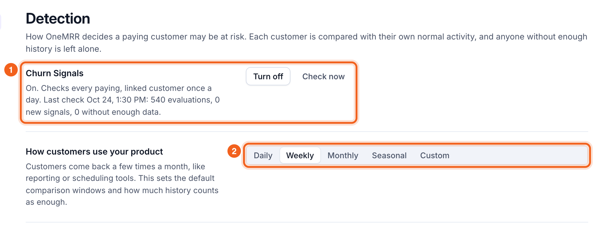 Detection settings with Turn on and the usage pattern outlined