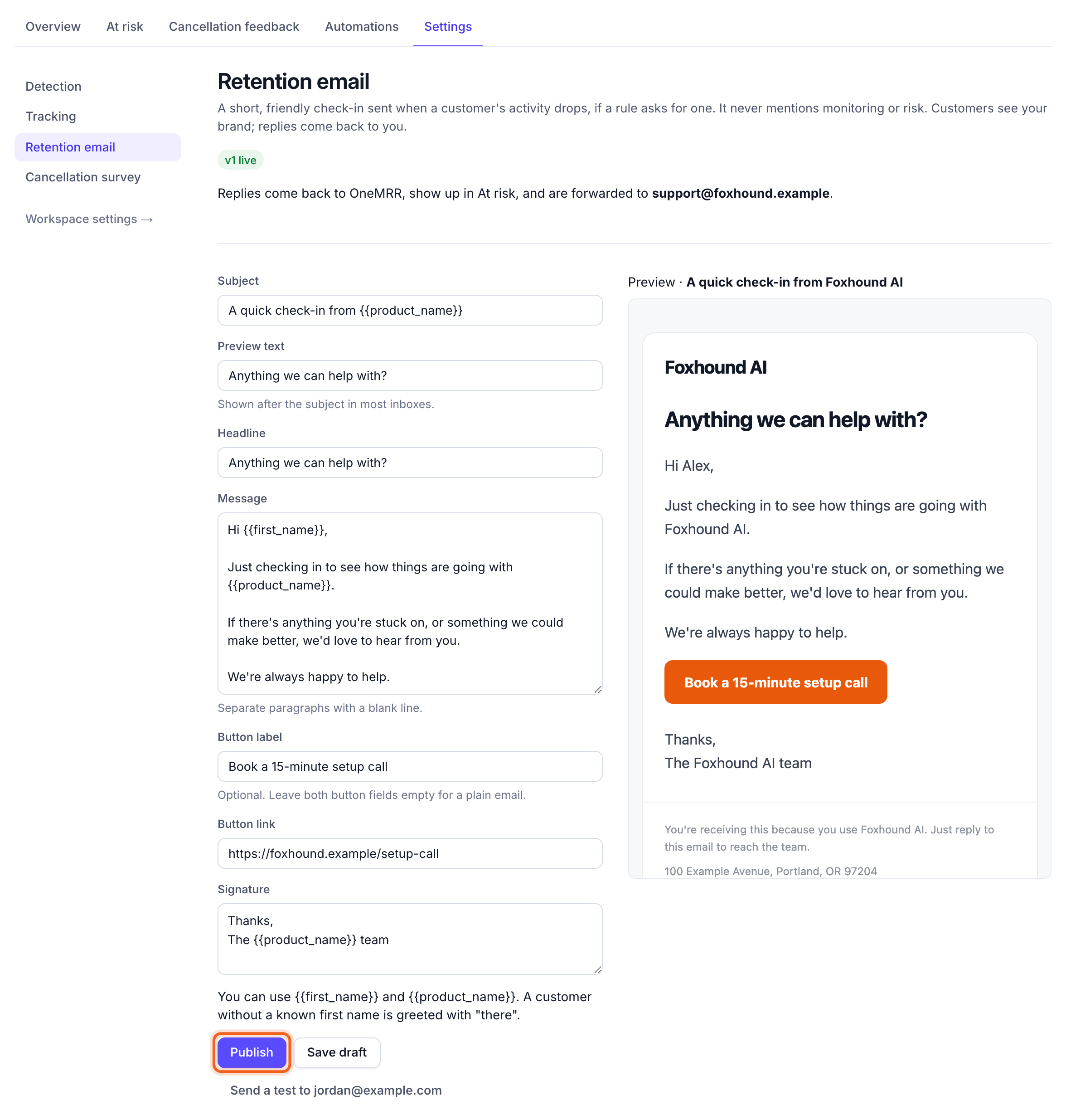 The retention email editor with Publish and the preview outlined