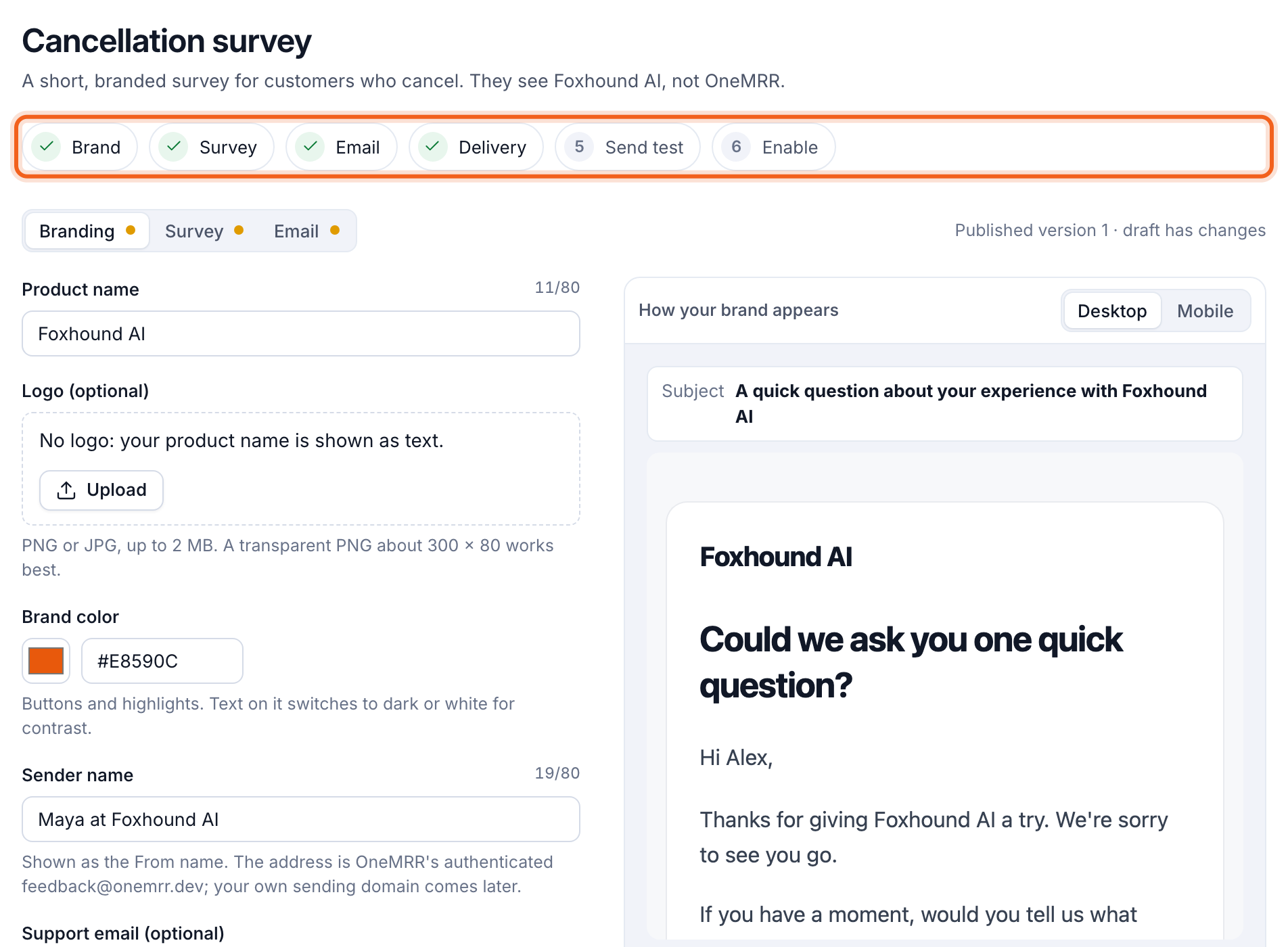 The cancellation survey settings, with the setup steps outlined