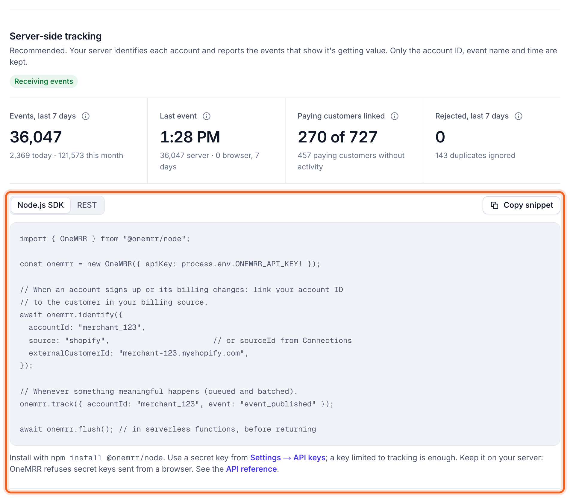 The Tracking page with the install snippet outlined