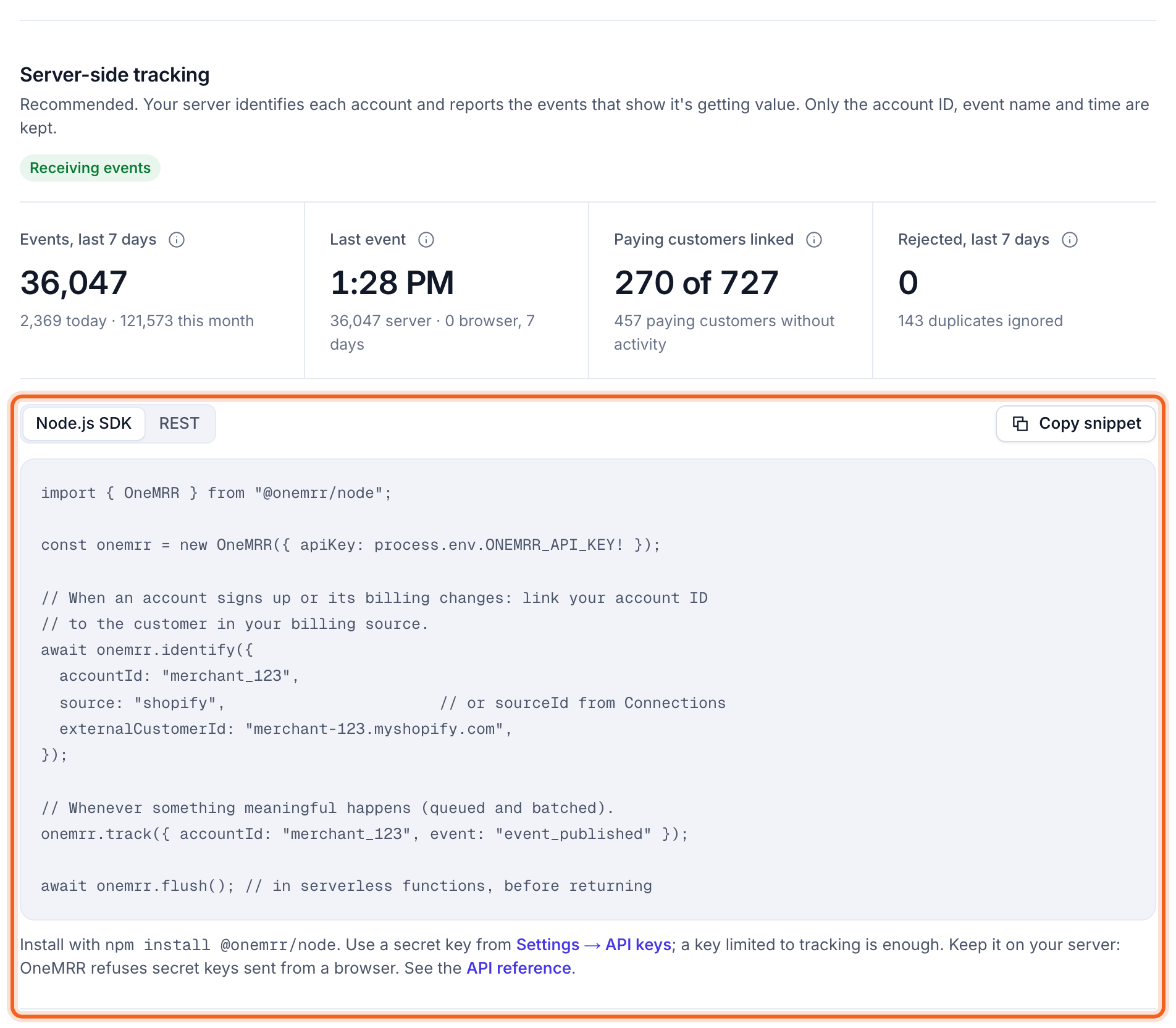 The Tracking page with the install snippet outlined