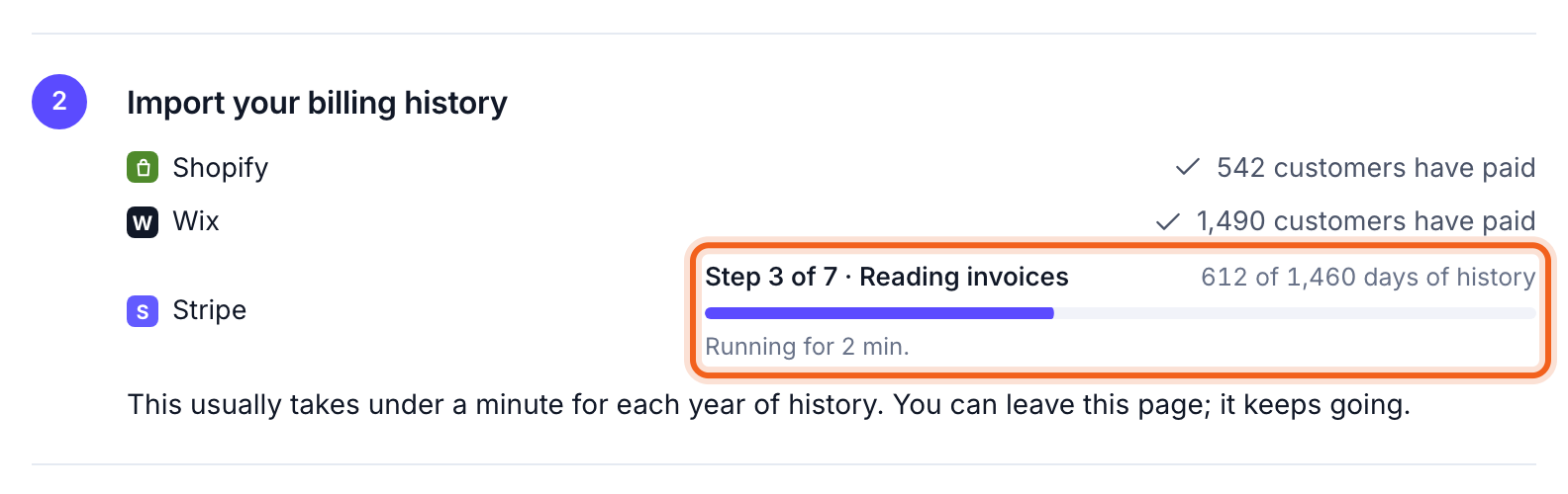 Step 2 of Get started with the import progress bar outlined