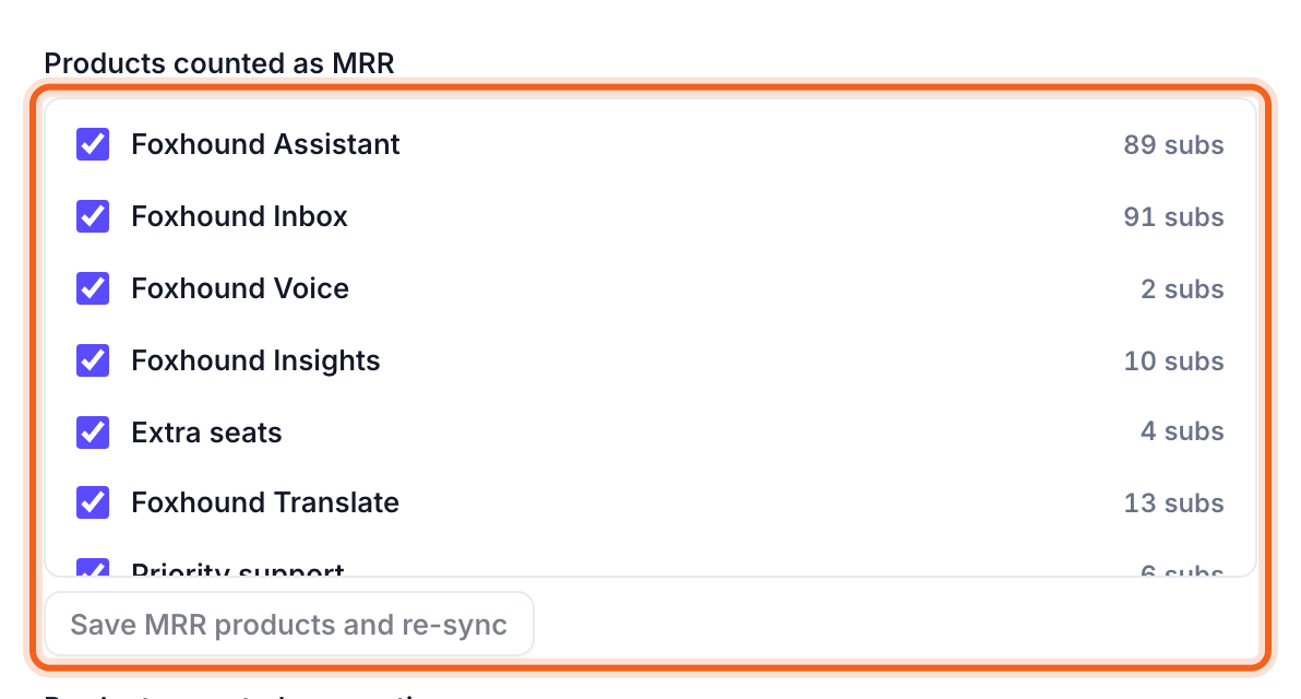 Products counted as MRR with its save button outlined