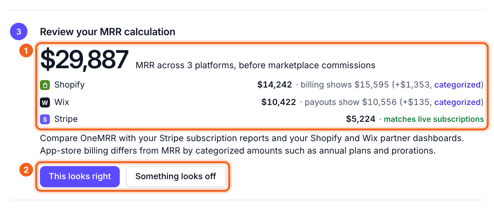 Step 3 of Get started, with the MRR total and the two buttons outlined