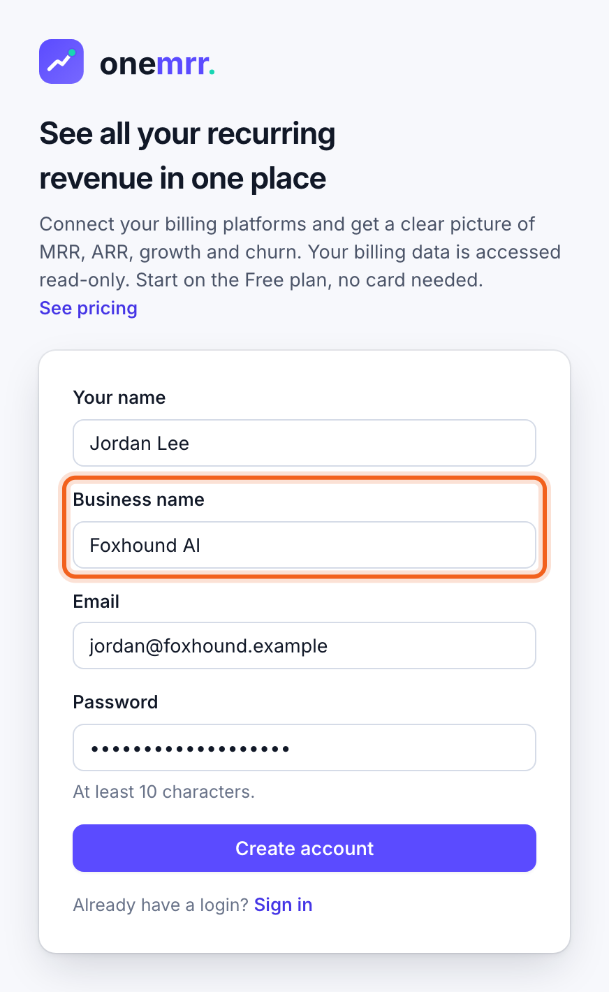 The sign-up form with Business name outlined