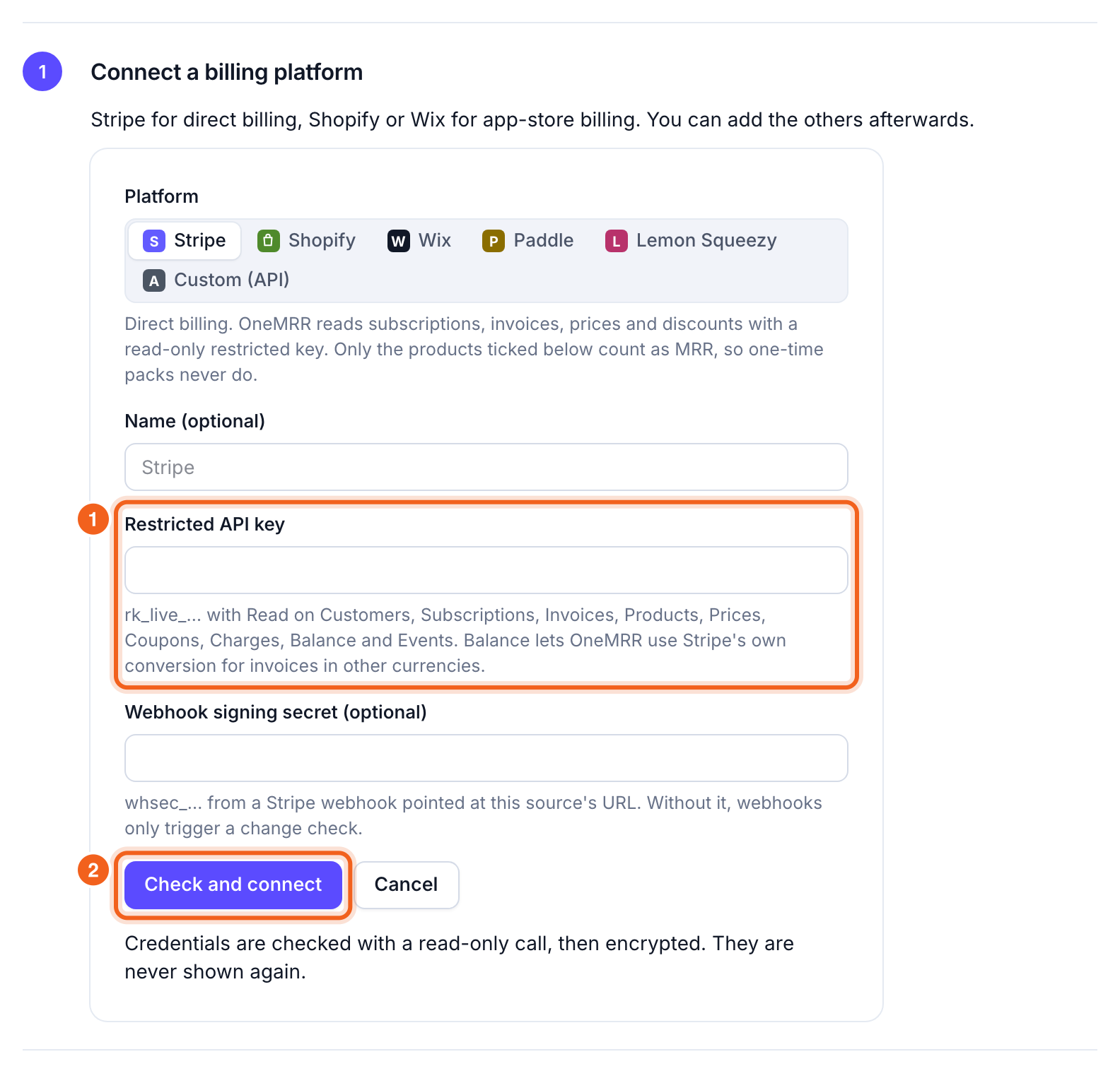 The Stripe fields: Restricted API key and Check and connect, numbered 1 and 2