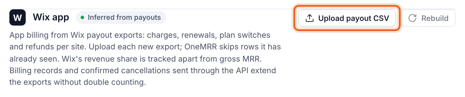 The Wix card on Connections with Upload payout CSV outlined