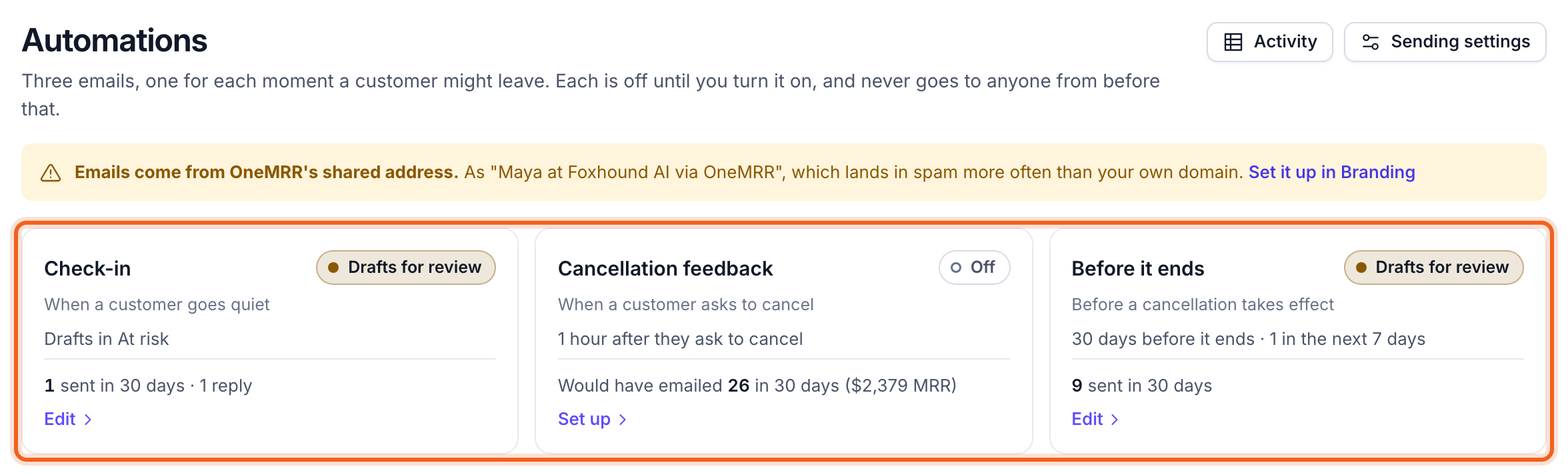 Automations, with the three emails outlined