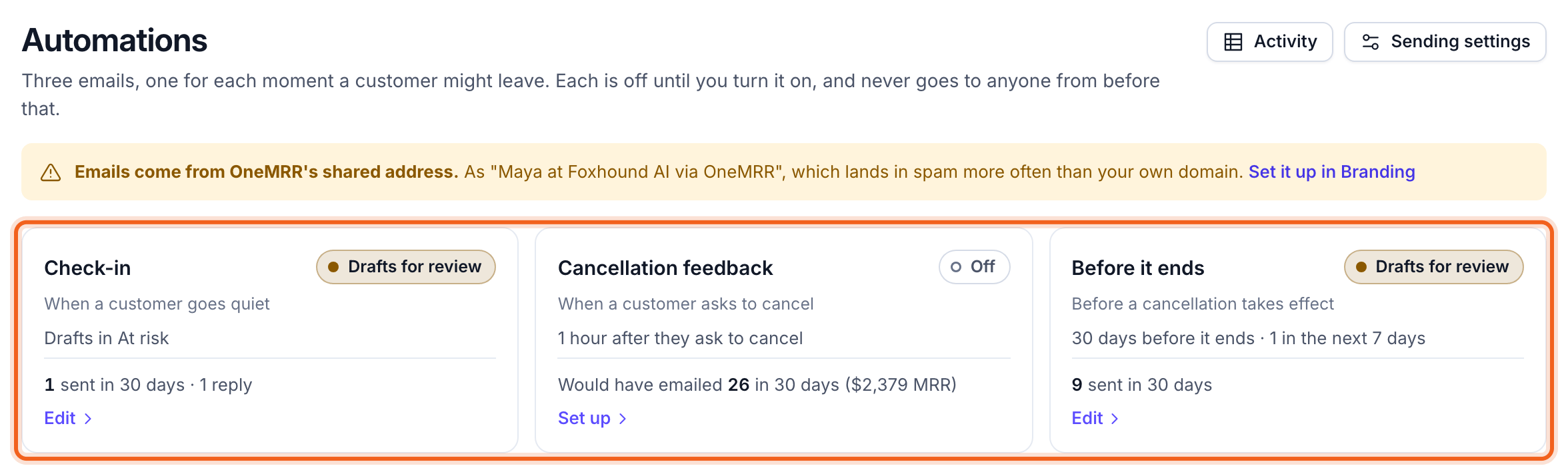 Automations, with the three emails outlined