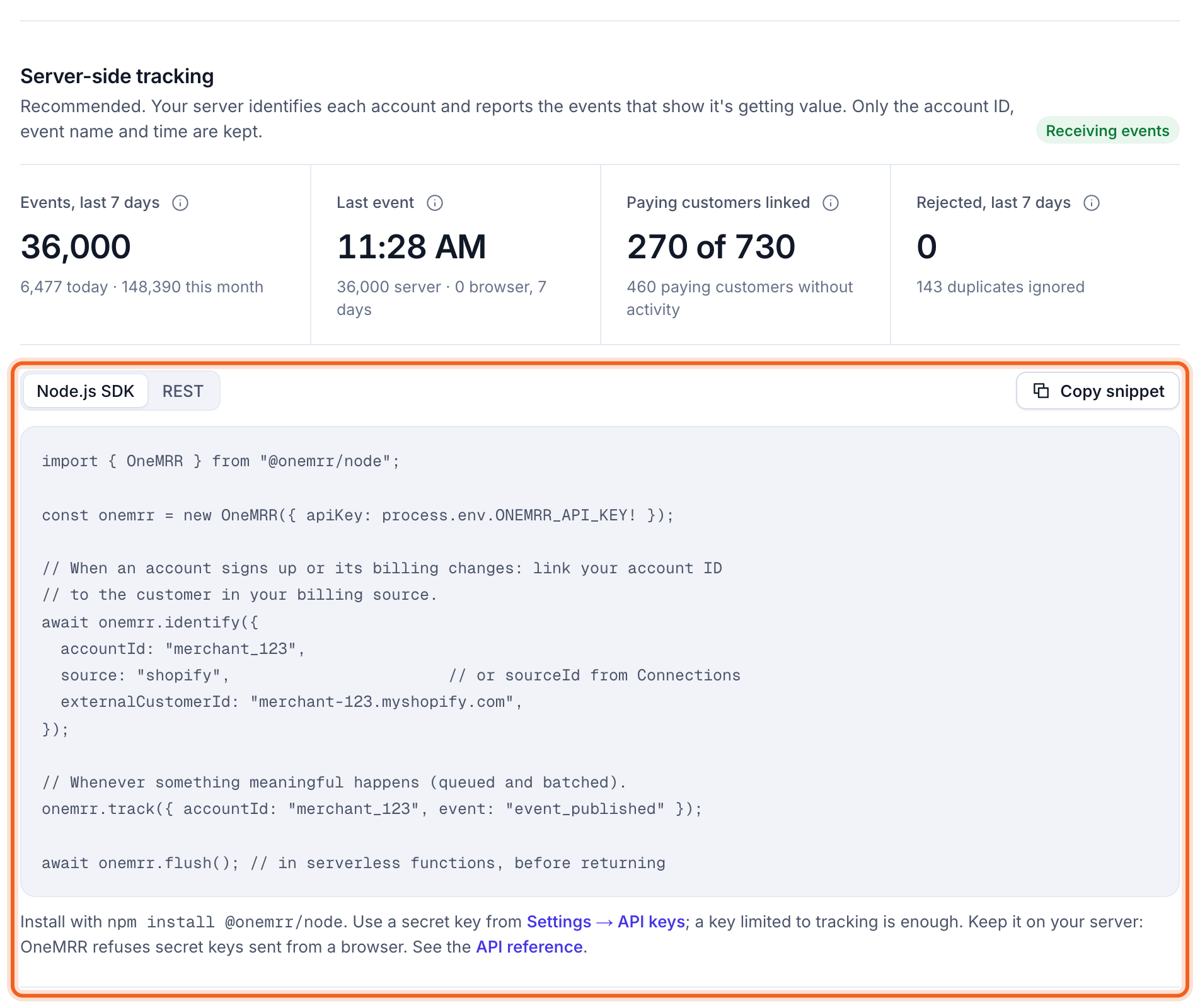 The Tracking page with the install snippet outlined