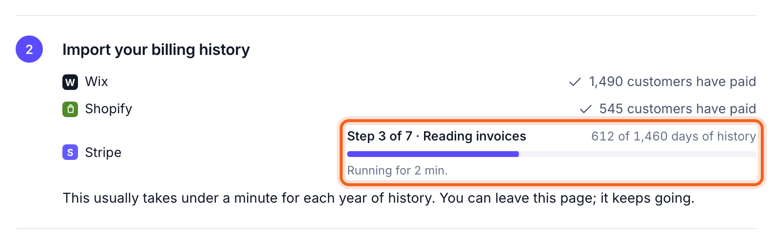 An import in progress, with the step and progress bar outlined