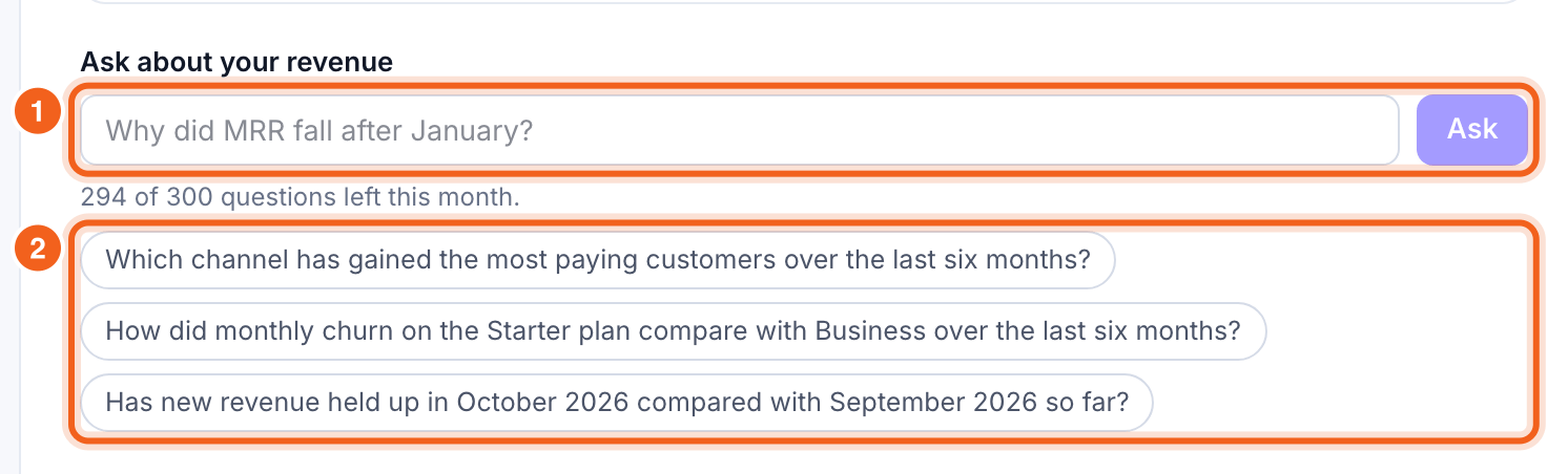 Ask about your revenue, with the question box and suggested questions numbered 1 and 2