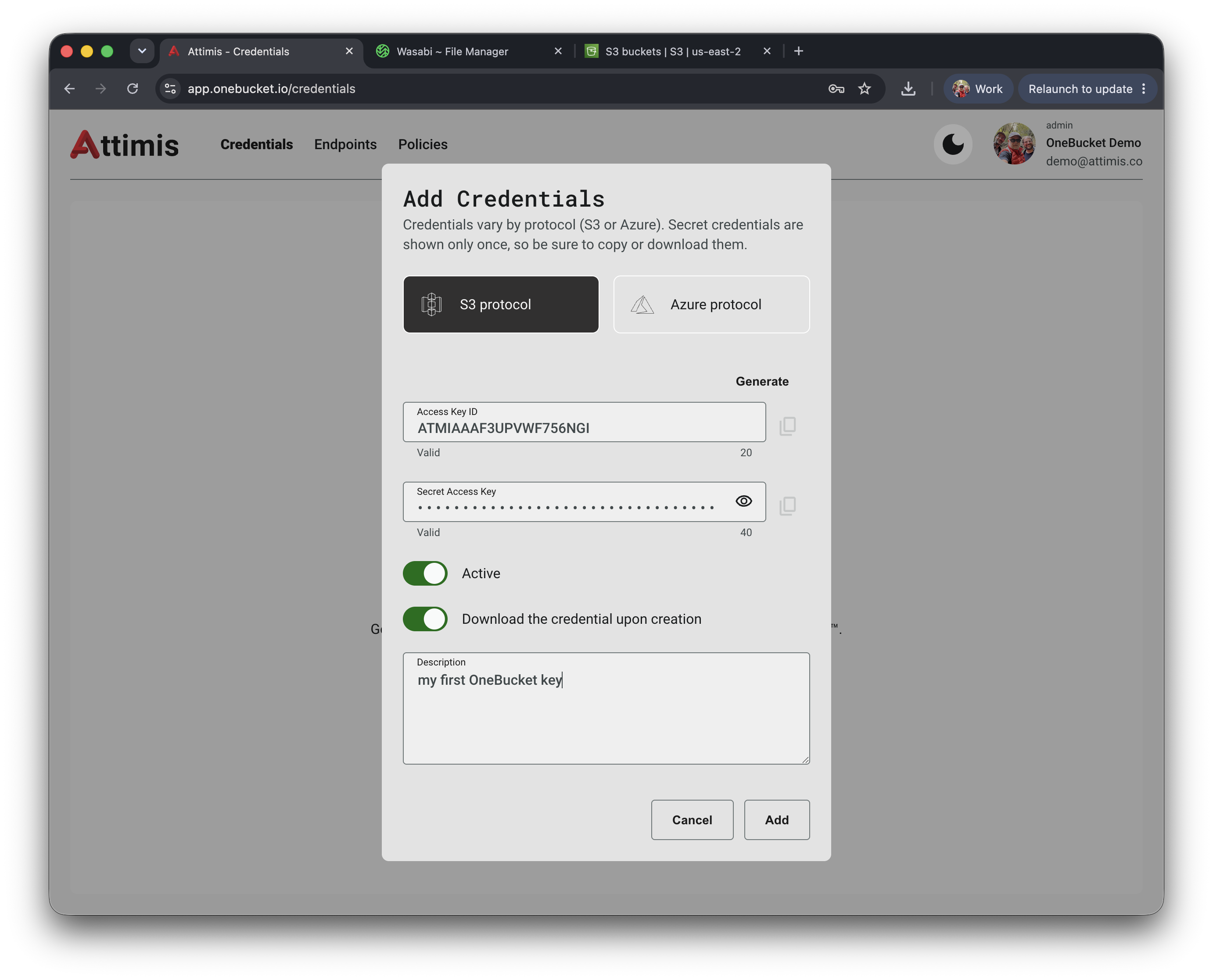 Add Credentials in the OneBucket console