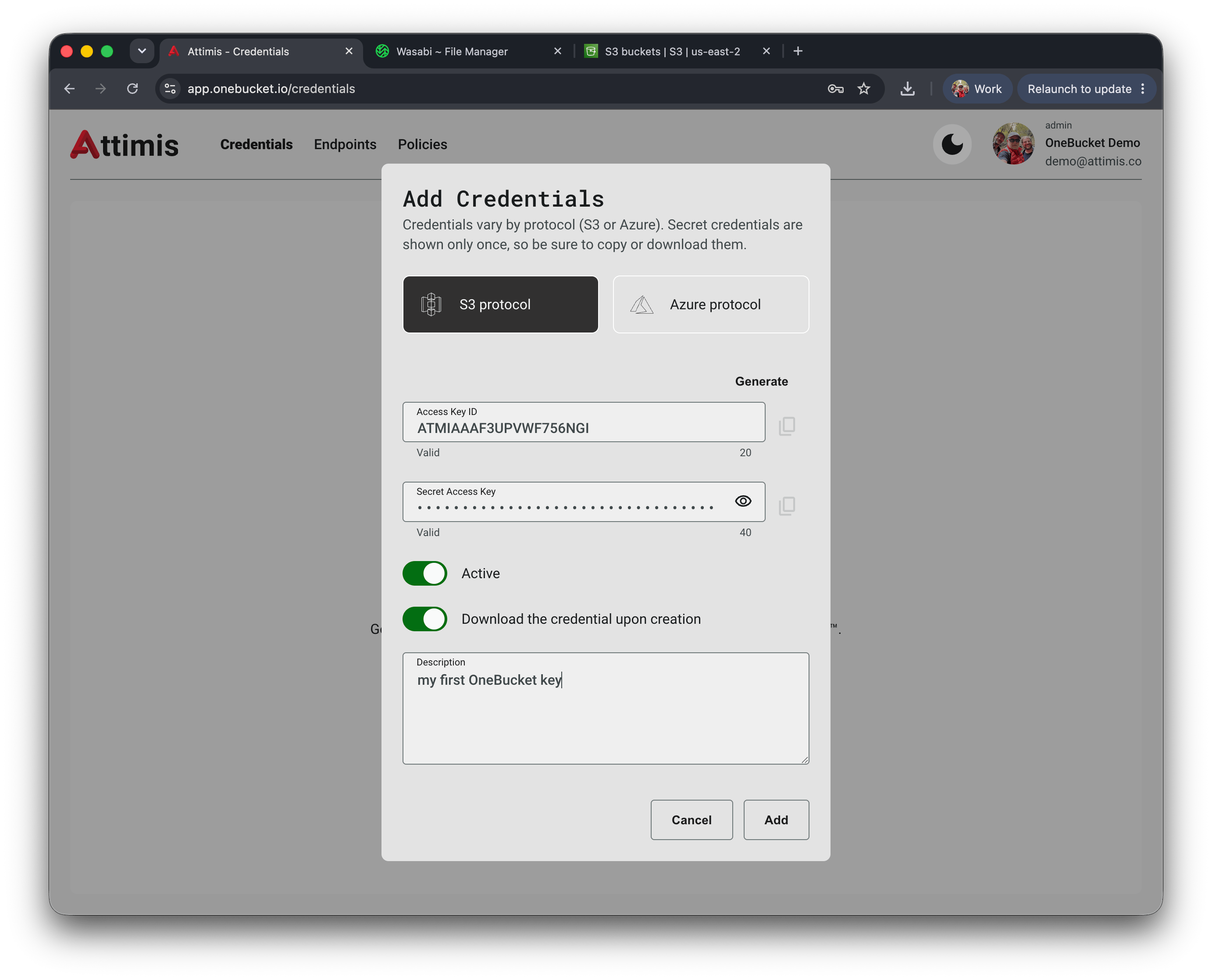 Add Credentials in the OneBucket console