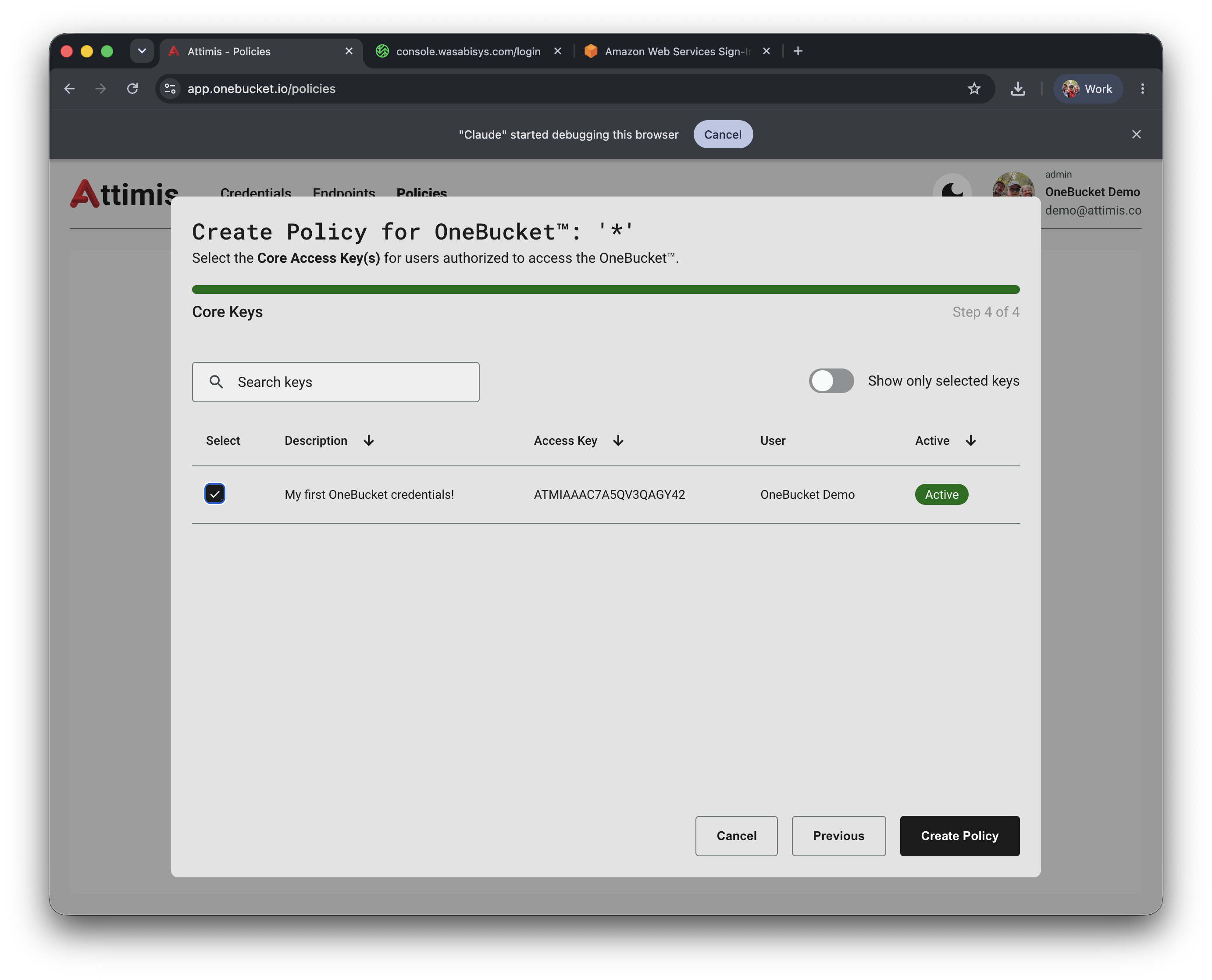 Create Policy wizard, step 4 — select Core Access Keys
