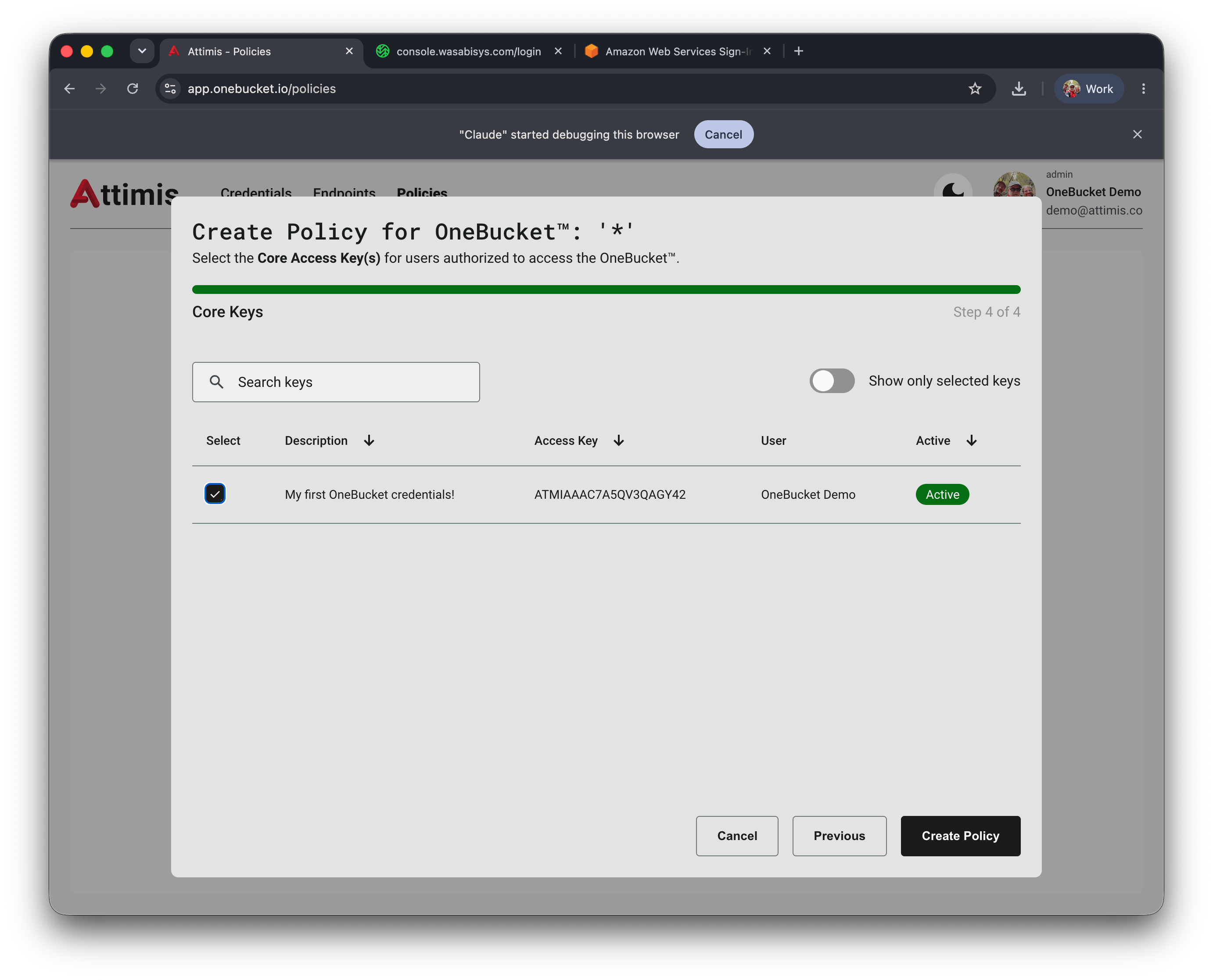 Create Policy wizard, step 4 — select Core Access Keys
