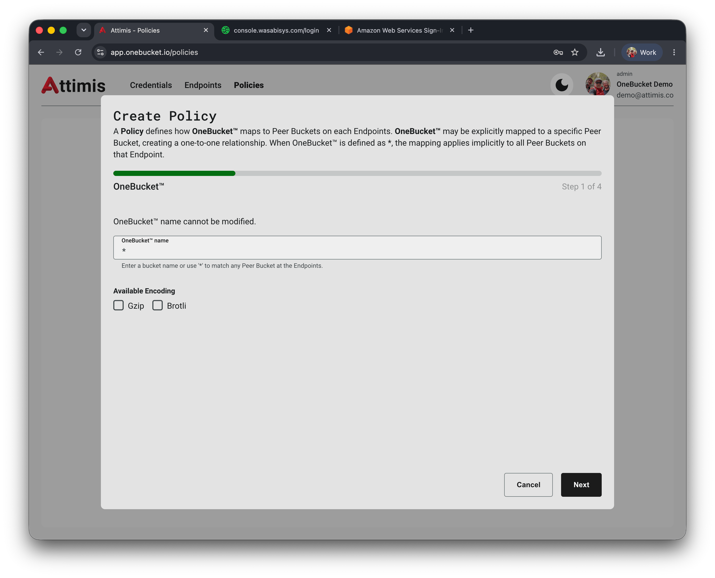 Create Policy wizard, step 1