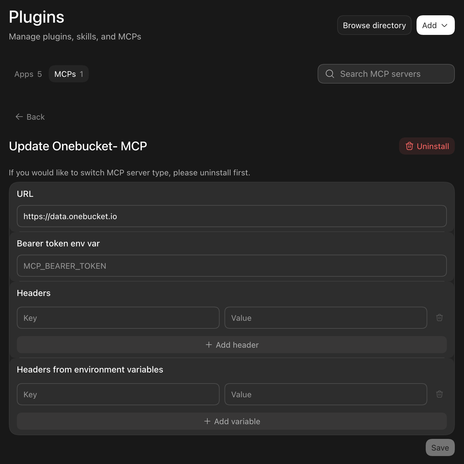 OneBucket configured as an MCP server in ChatGPT desktop settings