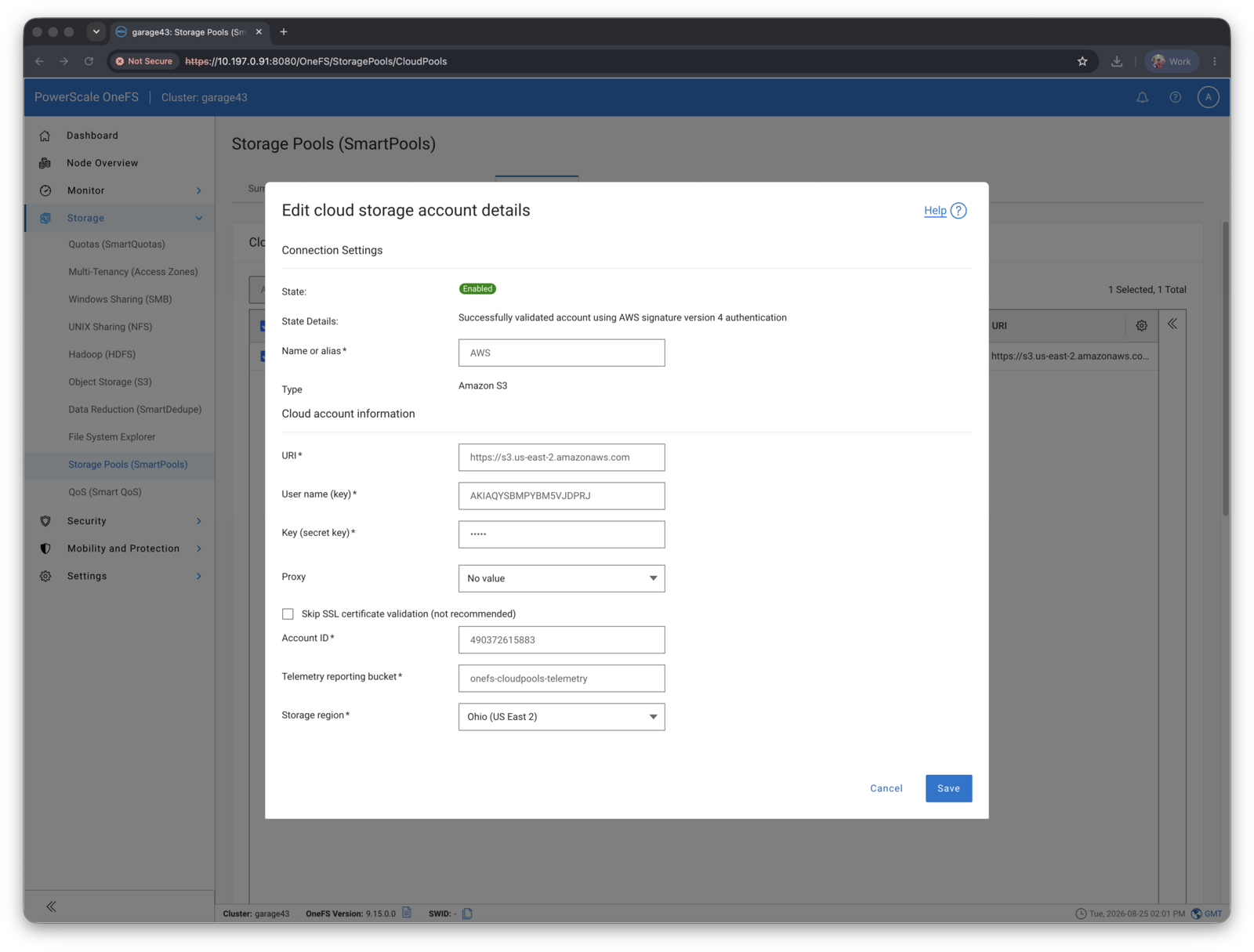 Edit cloud storage account details in OneFS, pointing at an AWS S3 regional endpoint
