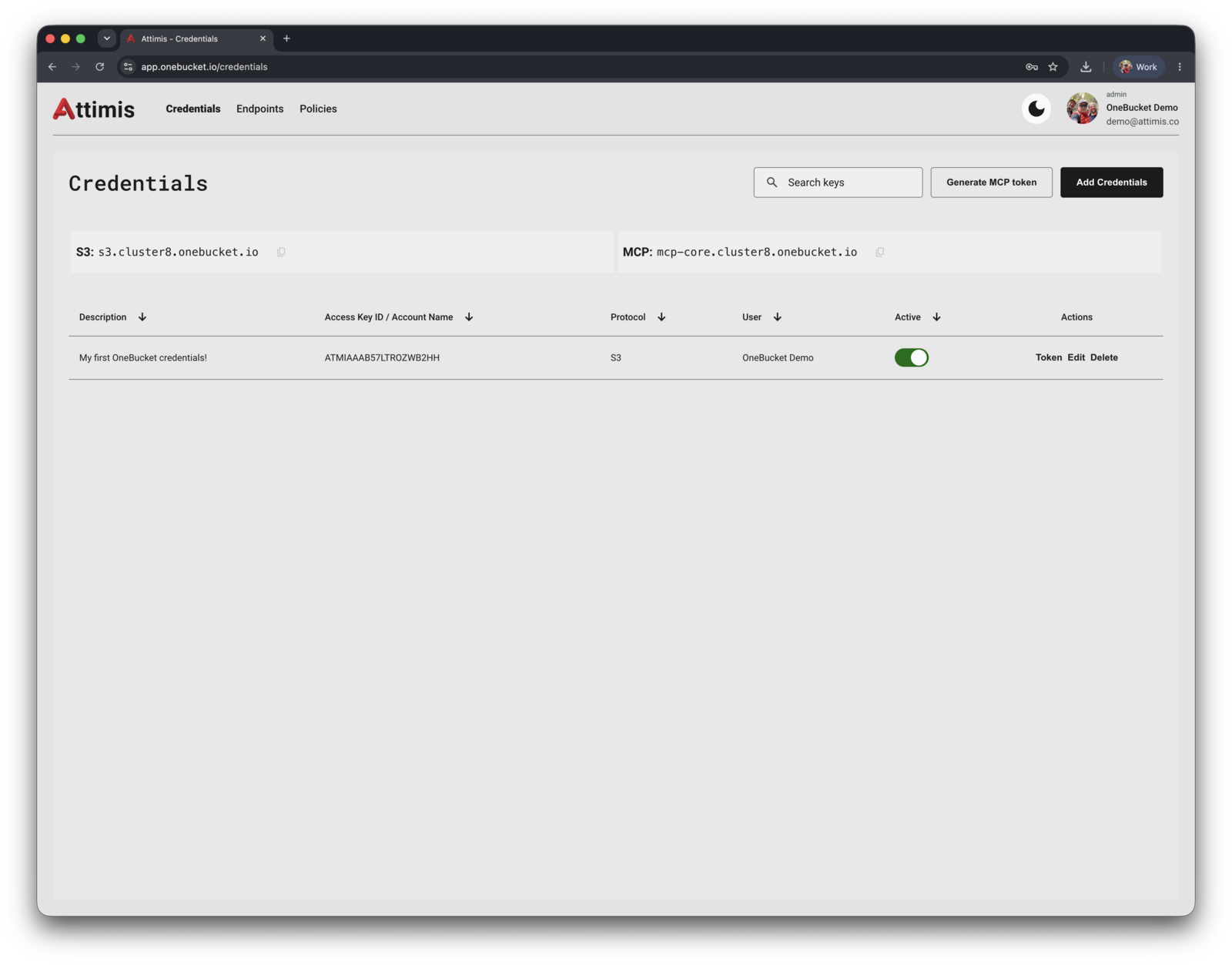 The Credentials page, showing the S3 endpoint and an active access key