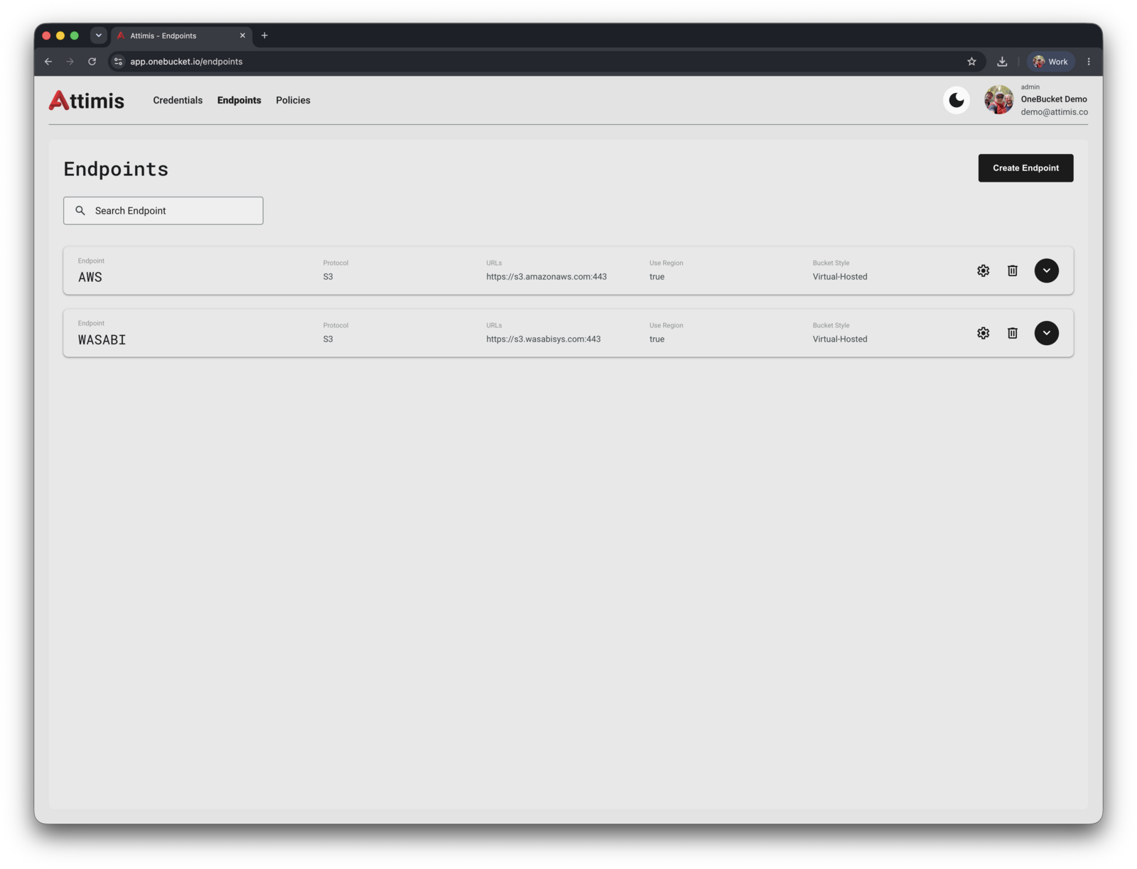 The Endpoints page with AWS and WASABI defined, both S3, both virtual-hosted
