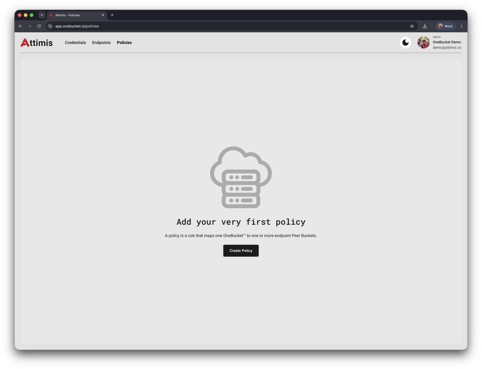 The Policies page before any policy exists