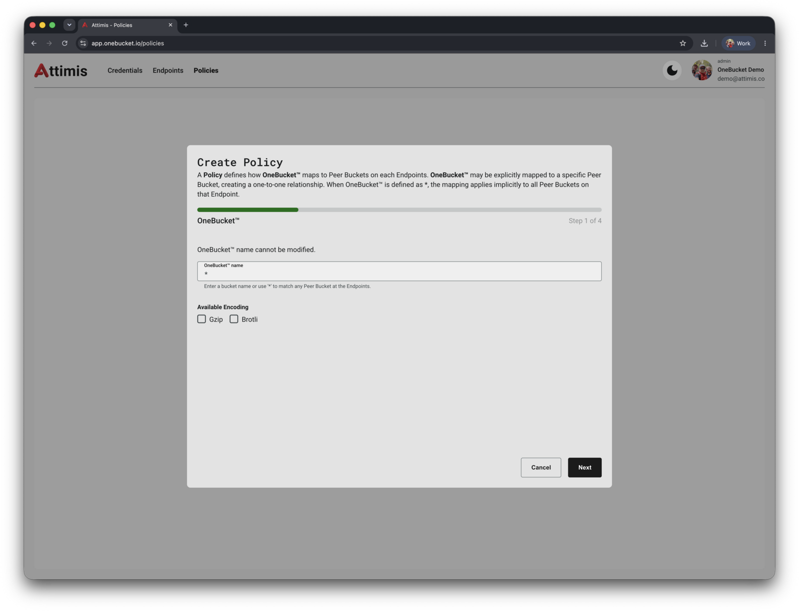 Create Policy wizard step 1, with the OneBucket name set to an asterisk