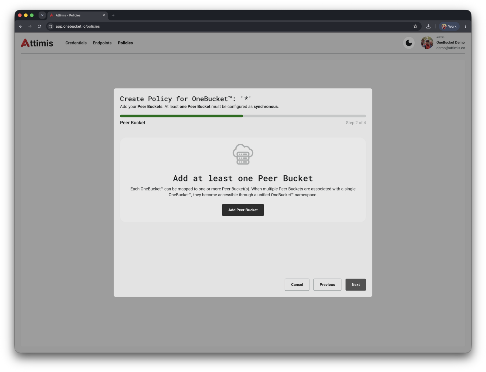 Create Policy wizard step 2, prompting for at least one Peer Bucket