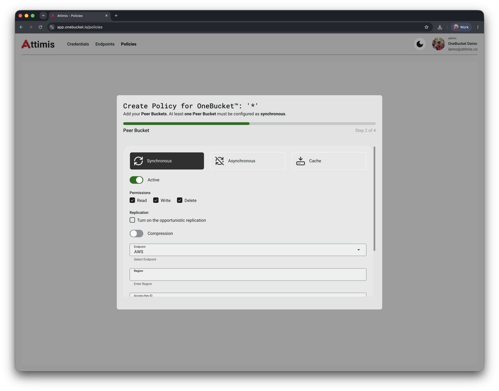 Peer Bucket settings: Synchronous, full permissions, AWS endpoint