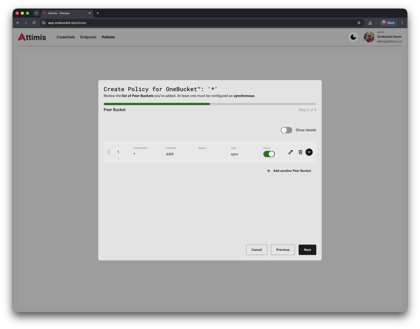 One synchronous AWS peer listed in the wizard