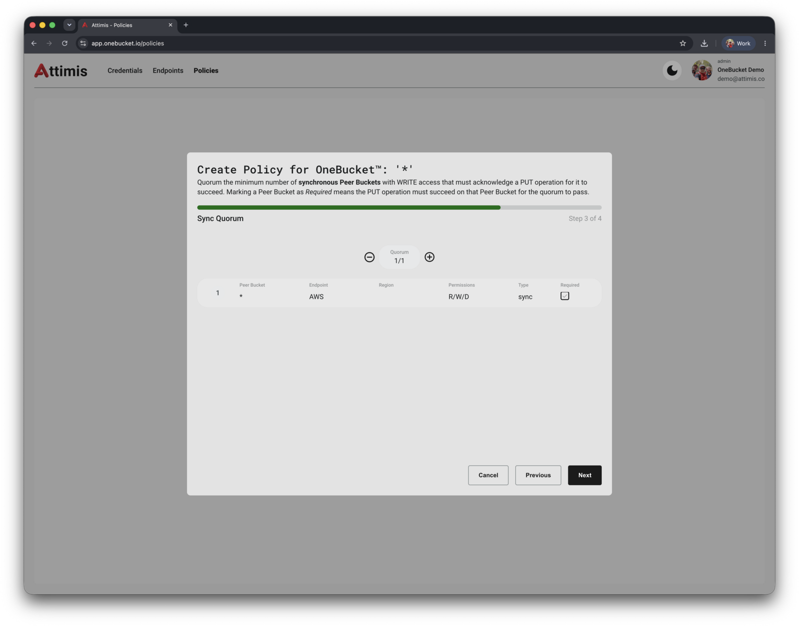 Sync Quorum set to 1 of 1 for the single AWS peer