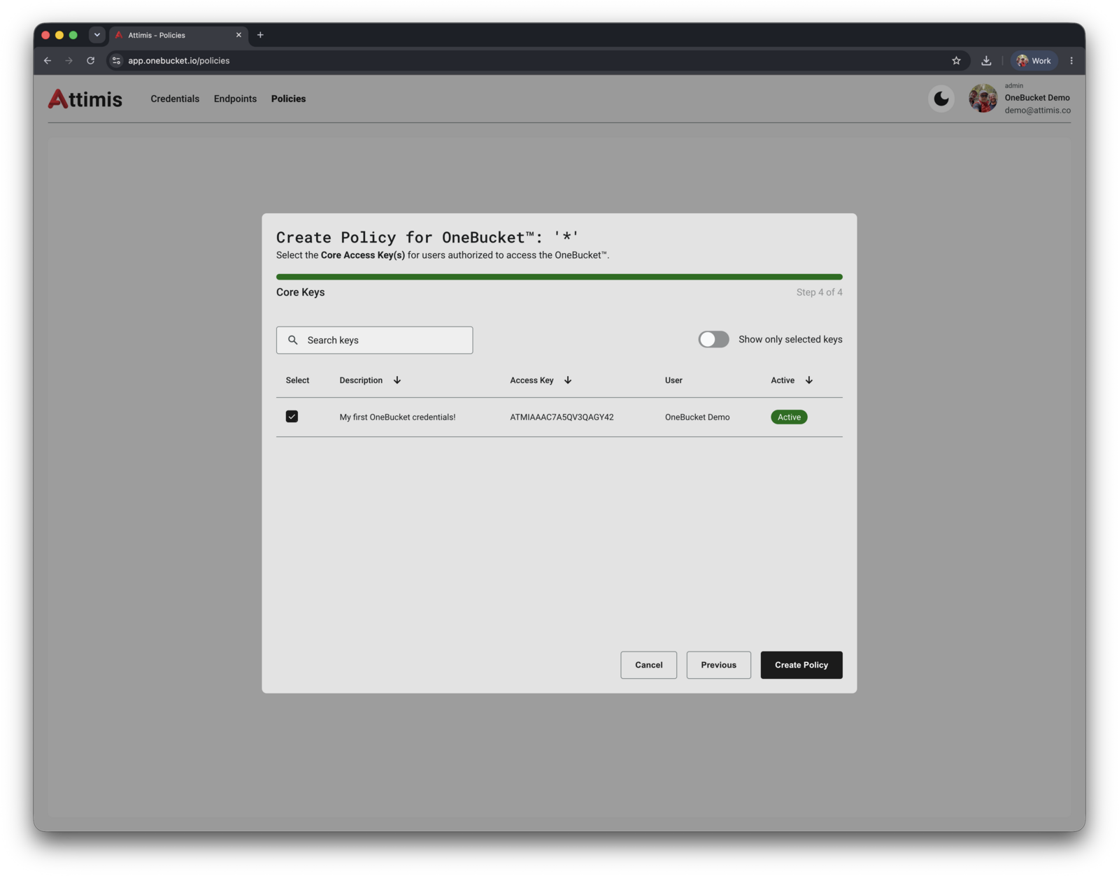 Selecting core access keys in step 4 of the wizard