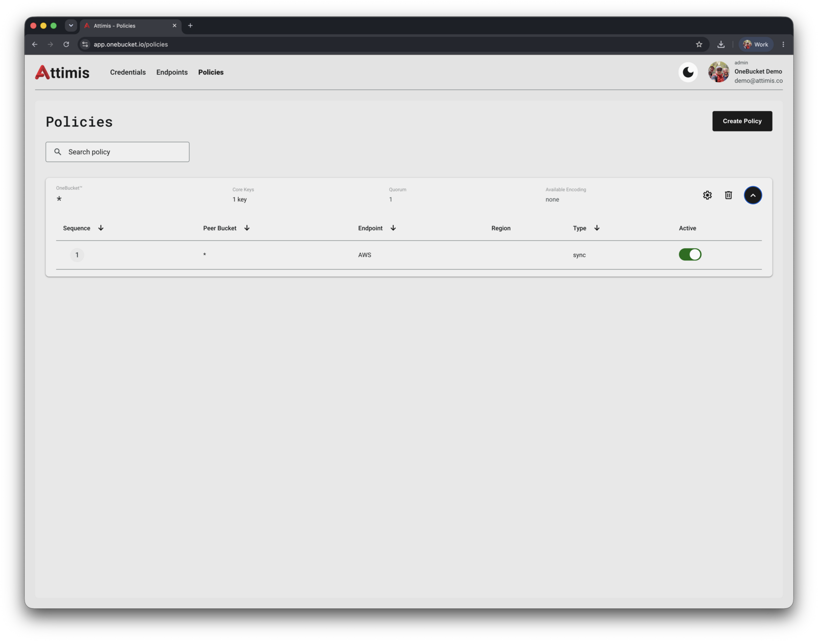 The created policy with one synchronous AWS peer