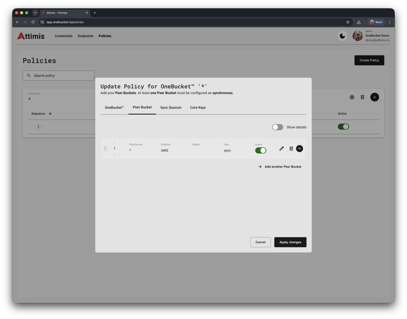 The Update Policy dialog showing a single AWS peer