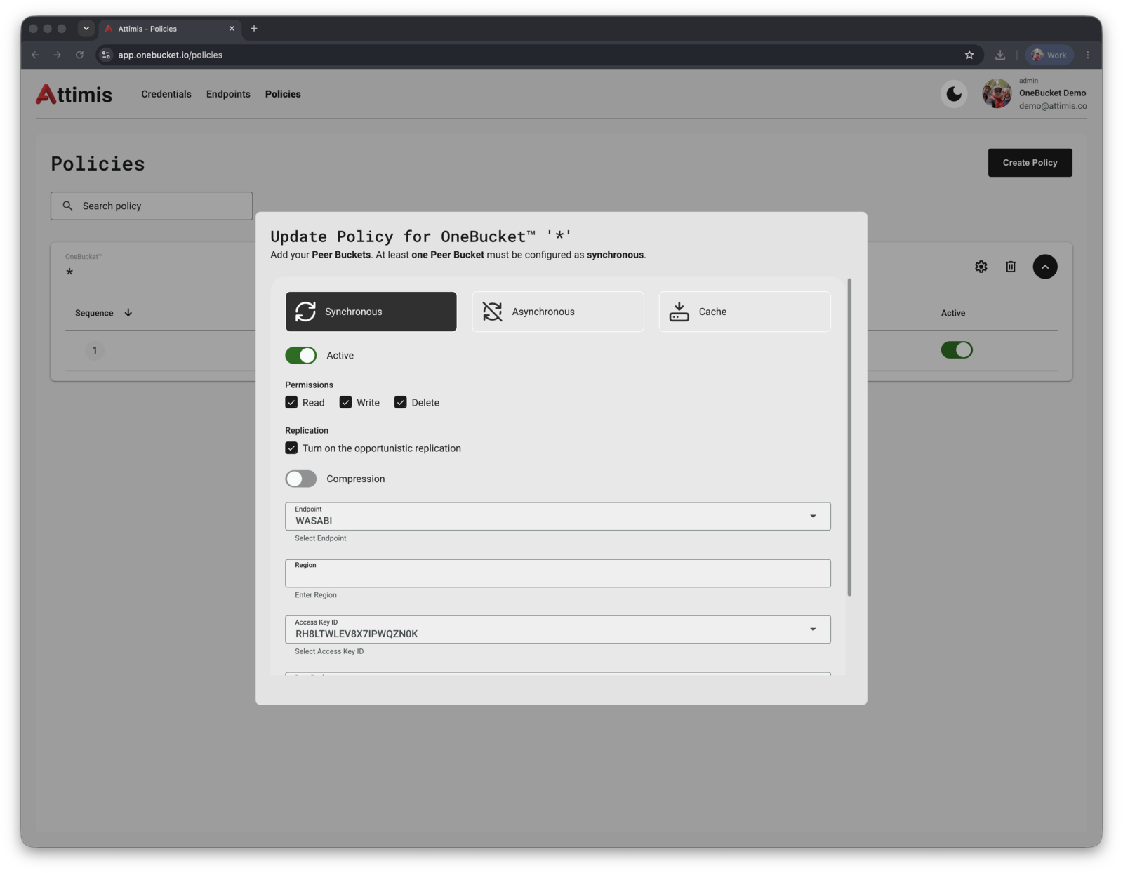Adding a synchronous Wasabi peer with opportunistic replication enabled